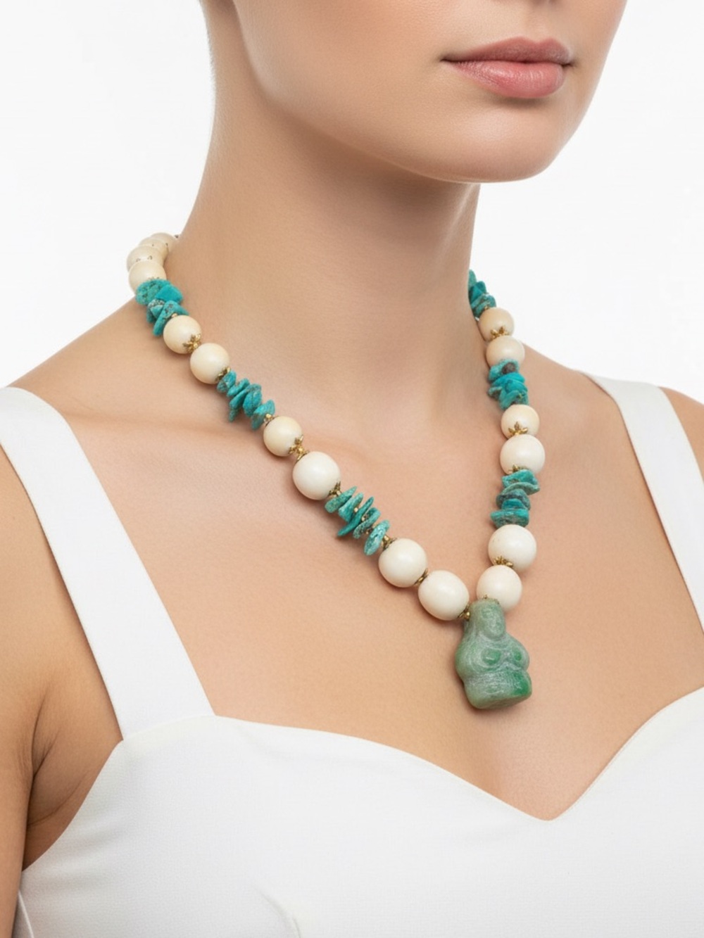 Artisan Turquoise & bone ,Jade Pendant Necklace - Women Jewelry